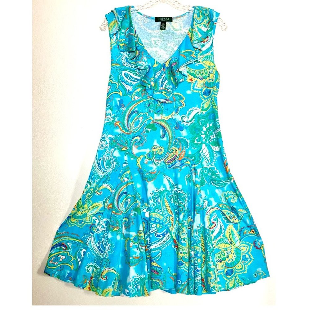 Lauren Blue Paisley Dress ~ ruffle neckline ~ full swing skirt